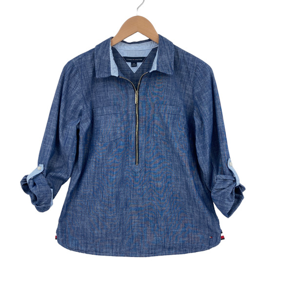 Tommy Hilfiger Shirt Women Small Blue Chambray Long Sleeve Logo Half Zip Popover - Picture 9 of 15